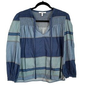 Derek Lam 10 Crosby Women’s Tie V-Neck Long Sleeve Blue & Green Blouse Sz 4 GUC